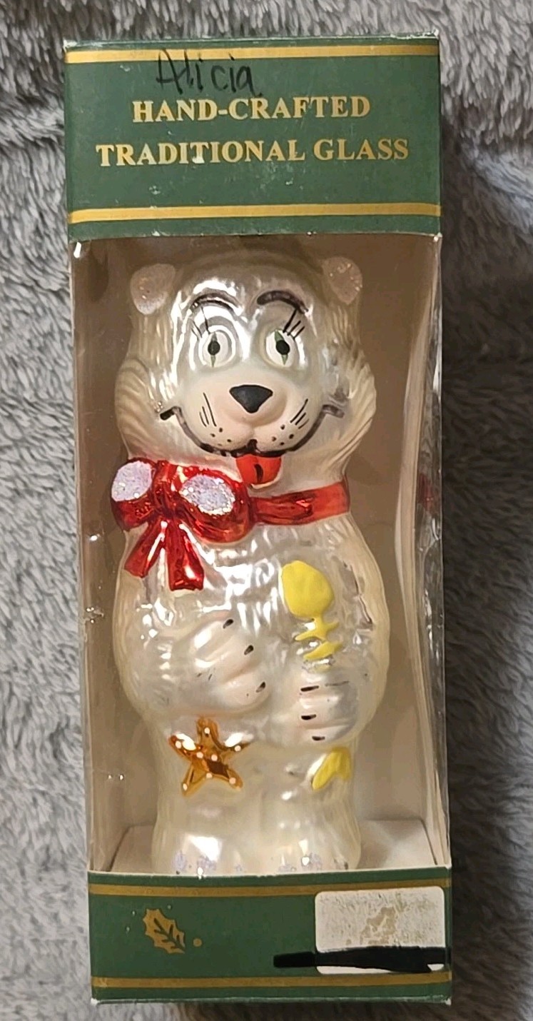 Kurt Adler- Vintage Hand Crafted Traditional Glass Ornament - Cat holding fish Kurt Adler- Vintage Hand Crafted Traditional Glass Ornament - Cat holding fish