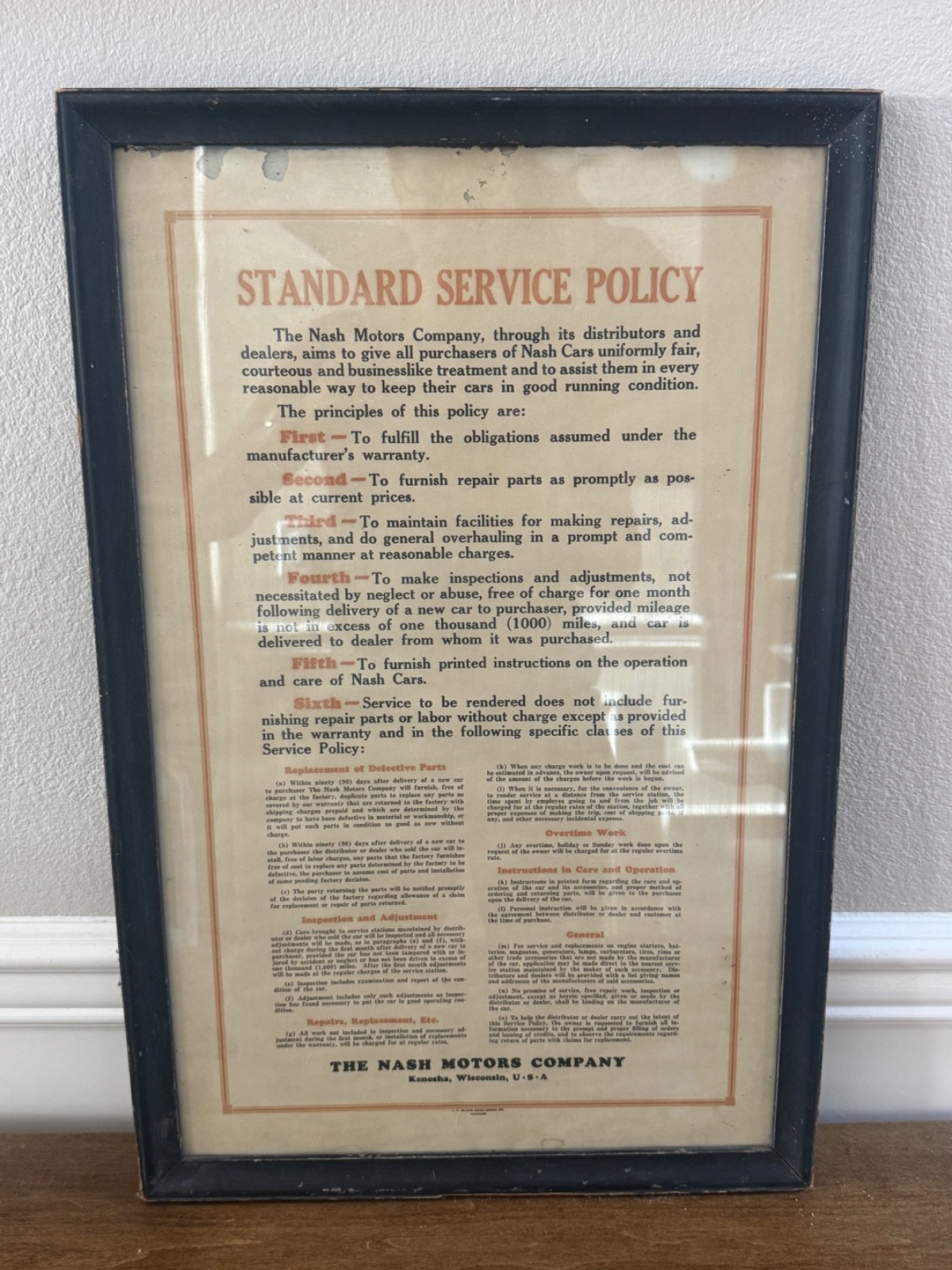 VINTAGE 1920S NASH MOTORS STANDARD SERVICE POLICY FRAMED DEALER SIGN CHICAGO