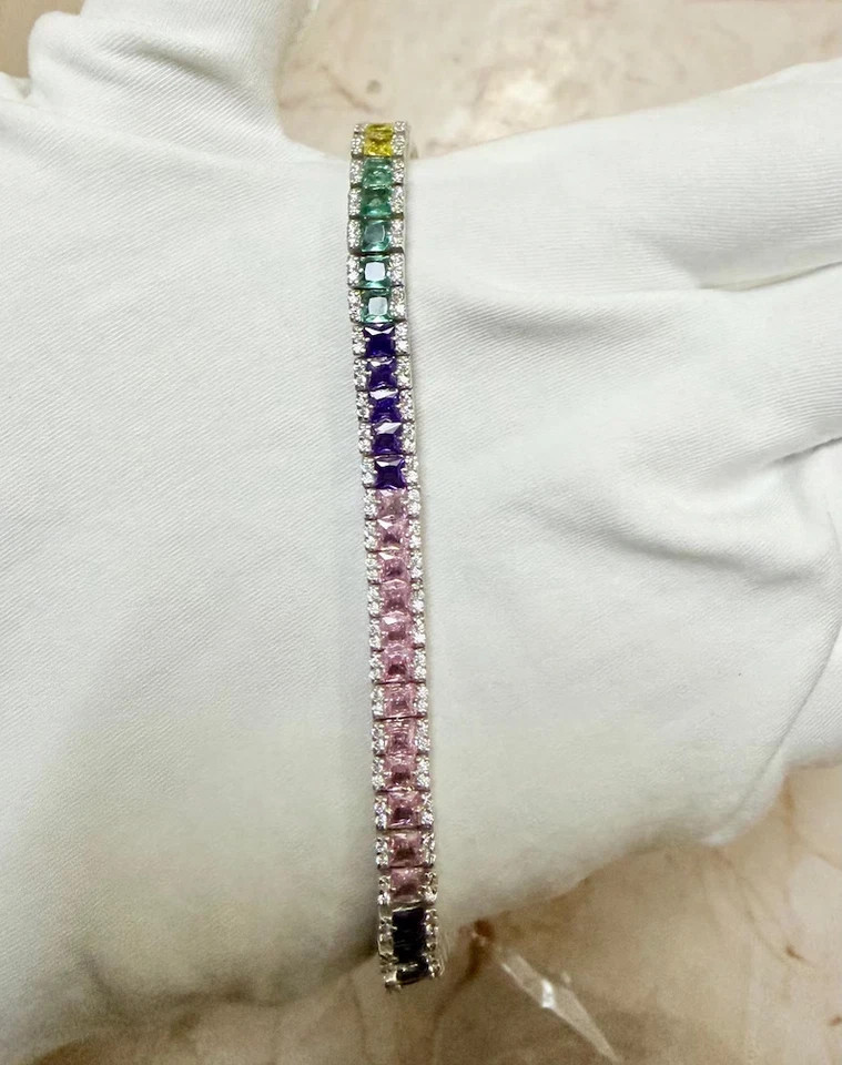 12Ctw Princess Lab-Created Sapphire &Diamond Tennis Bracelet 925 Sterling Silver