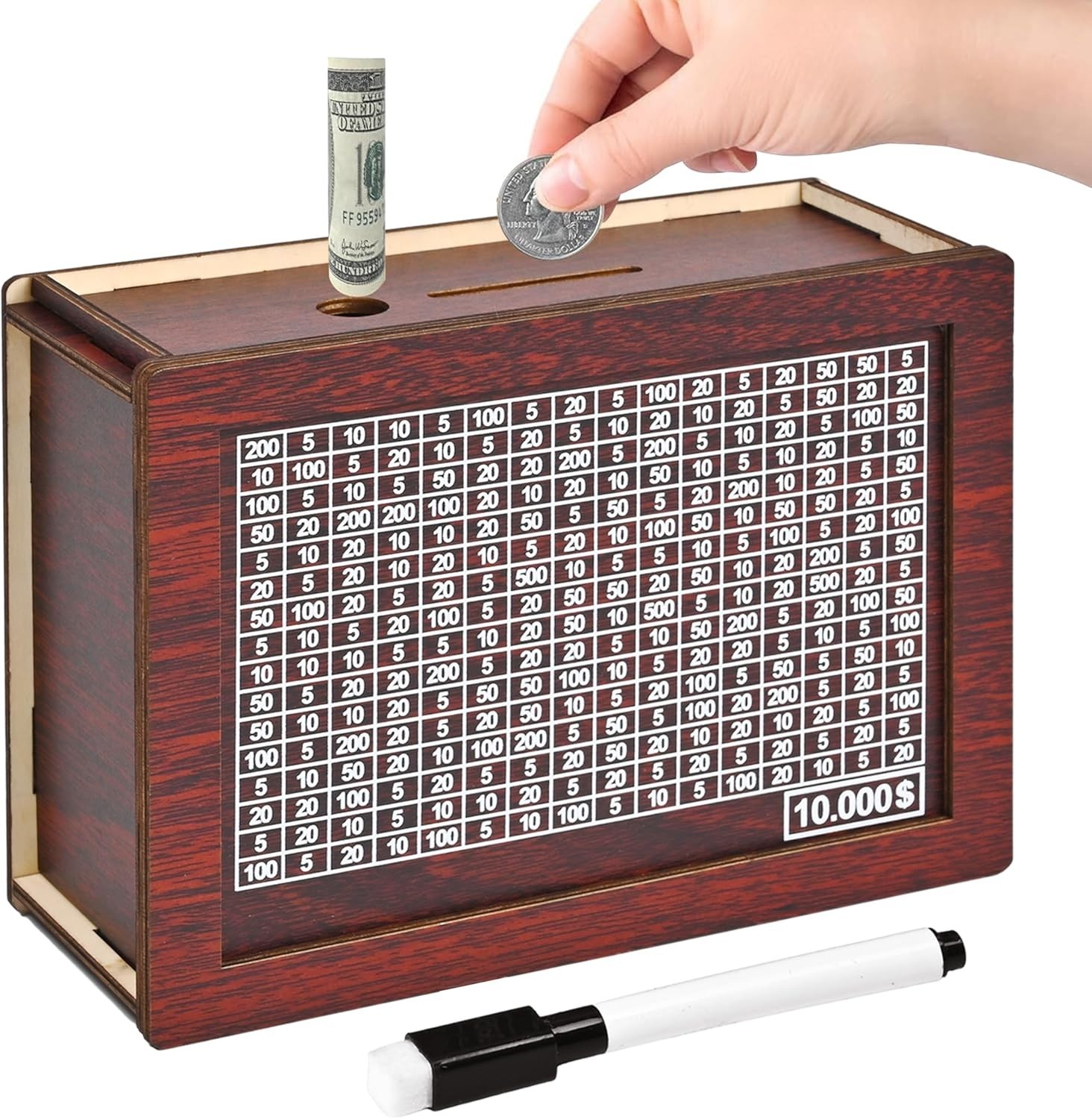 10000 Savings Challenge Box, Wooden Money Saving Bank for Adults and Kids, Reusa