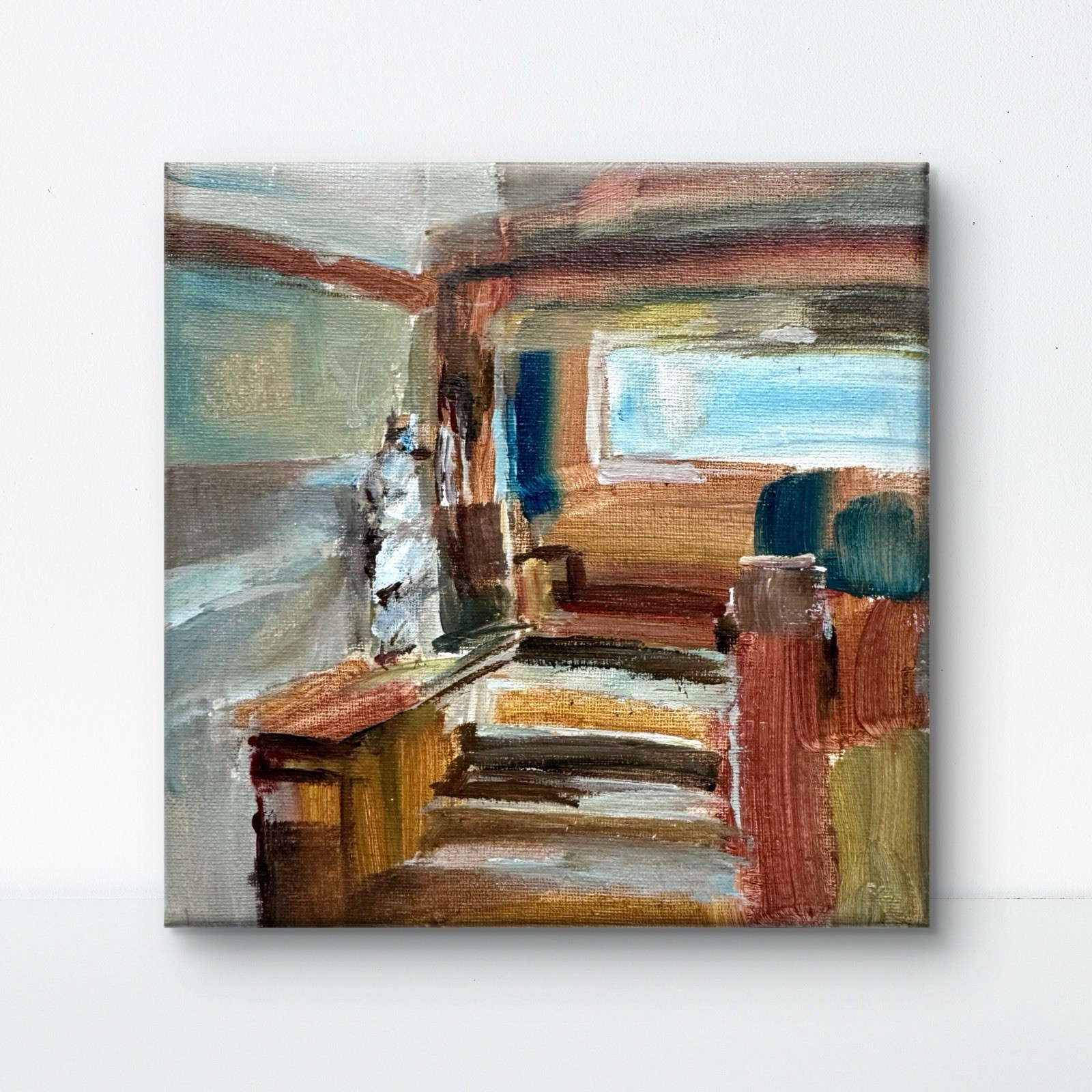 Sunlit Stairs 8x8 Original Acrylic Interior Painting Canvas Wall Art