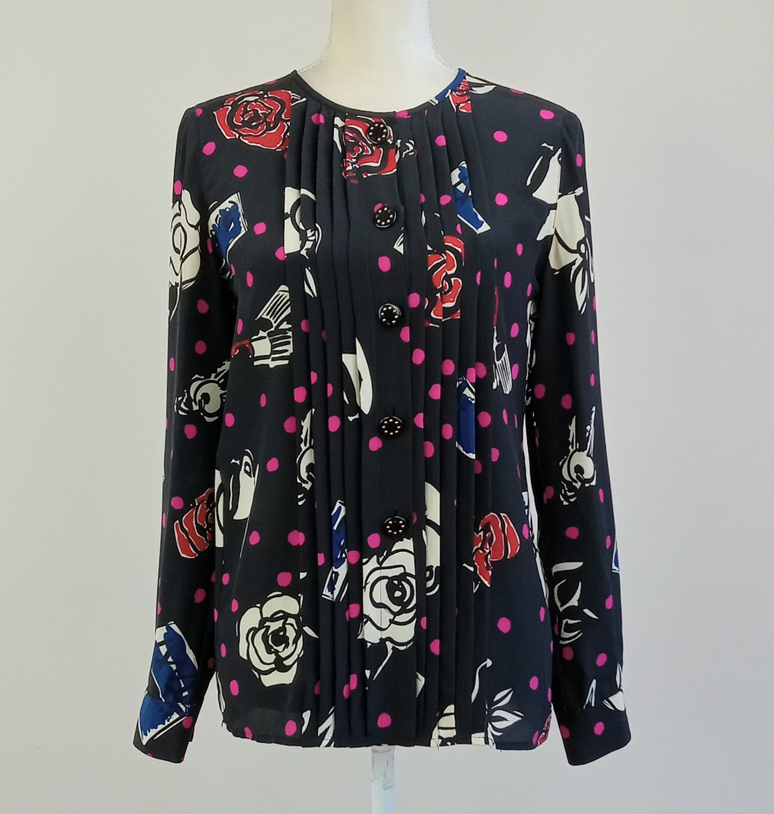 size 6 Vintage EMANUEL UNGARO Black SILK Graphic-Print Blouse, Italy *NO LABEL