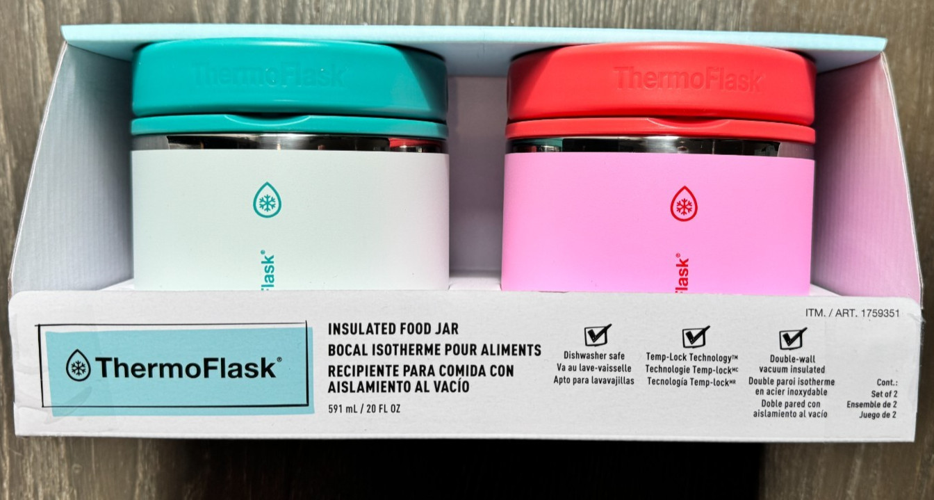 New Thermo Flask Insulated Food Jar 20 Oz 2 Pack 12 Hour Hot 24 Cold Pink/Teal