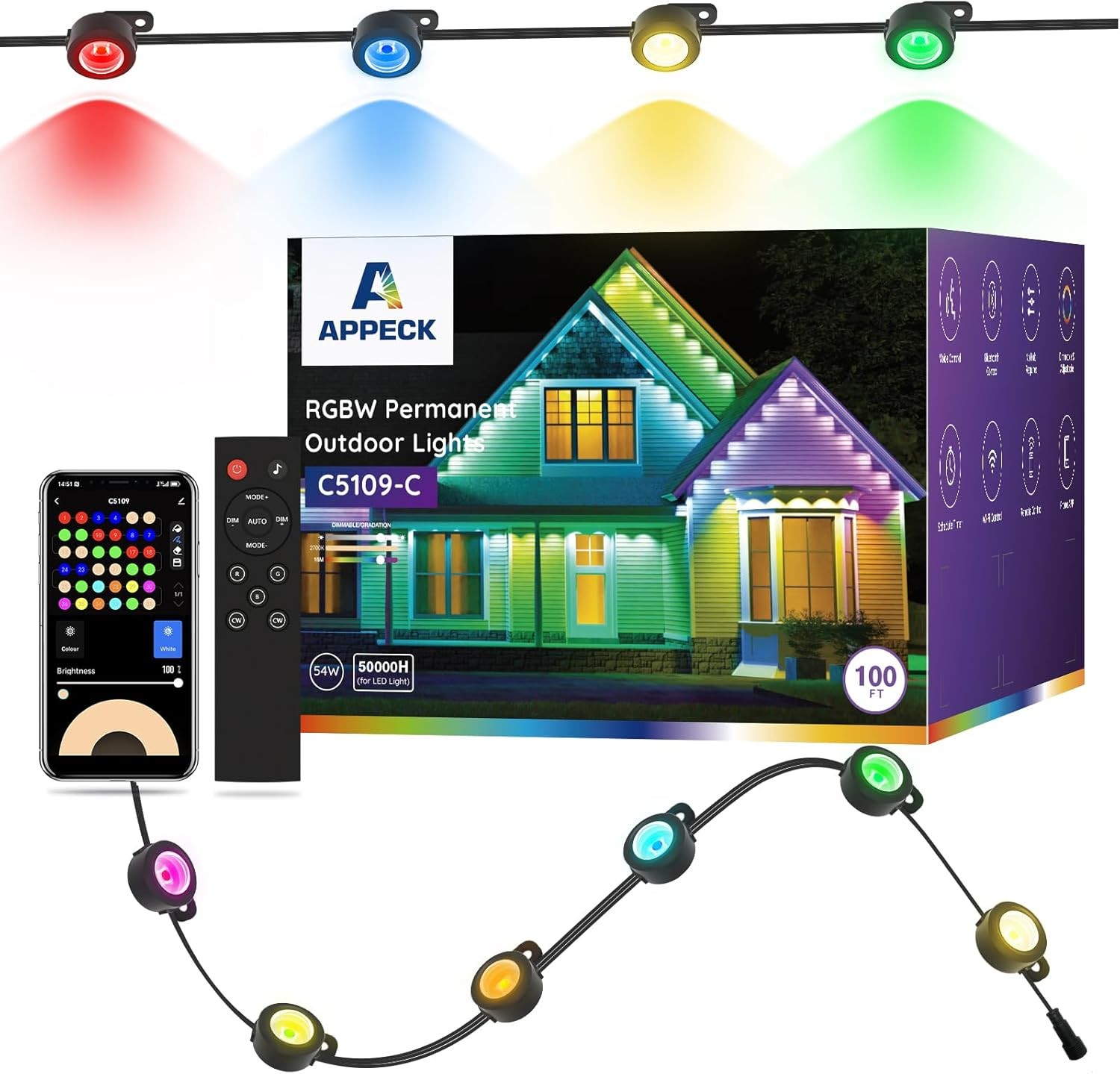 APPECK Permanent Outdoor Lights 100ft with 72 LEDs Smart RGBW String Lights W...