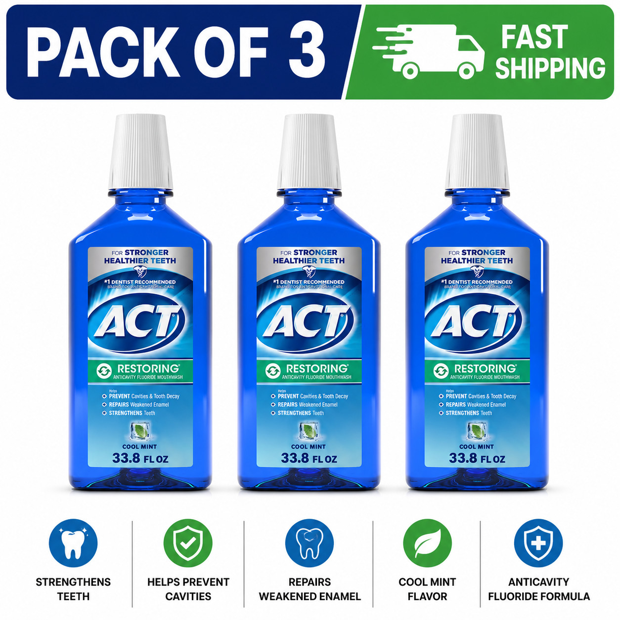 ACT Restoring Fluoride Mouthwash Cool Mint 33.8 fl oz Pack of 3