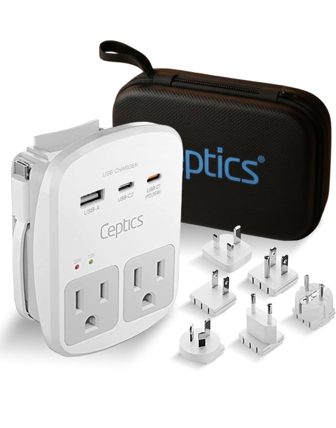 Ceptics 35W Universal Travel Adapter Kit – 2 USA sockets, USB-A, USBC, 1x PD 35W Ceptics 35W Universal Travel Adapter Kit – 2 USA sockets, USB-A, USBC, 1x PD 35W