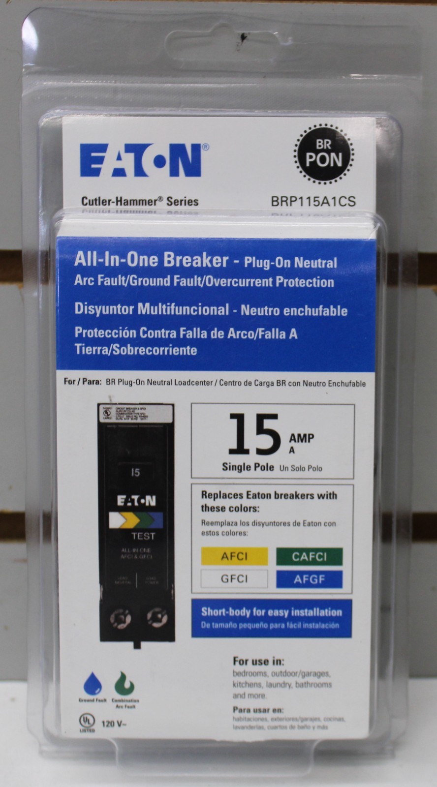 Eaton BR 15 Amp All in One AF/GF Plug-On-Neutral Breaker BRP115A1CS Eaton BR 15 Amp All in One AF/GF Plug-On-Neutral Breaker BRP115A1CS