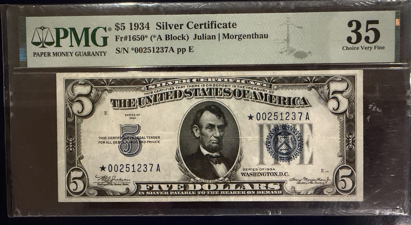 PMG 1934 $5 Silver Certificate Star Note Grade 35 PPQ Circulated PMG 1934 $5 Silver Certificate Star Note Grade 35 PPQ Circulated