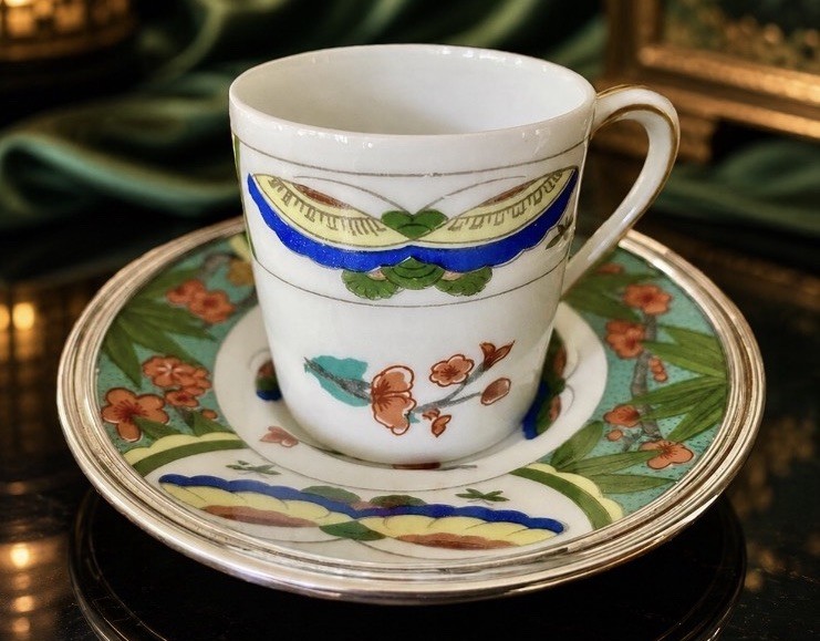 Rare EDITE A. RAYNAUD Limoges Demitasse Cup Saucer TETARD FRERES Sterling Rim