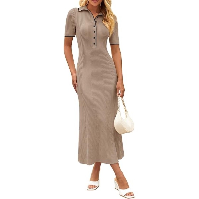 Merokeety Ribbed Polo Sweater Midi Dress Size M Medium NWT Brown