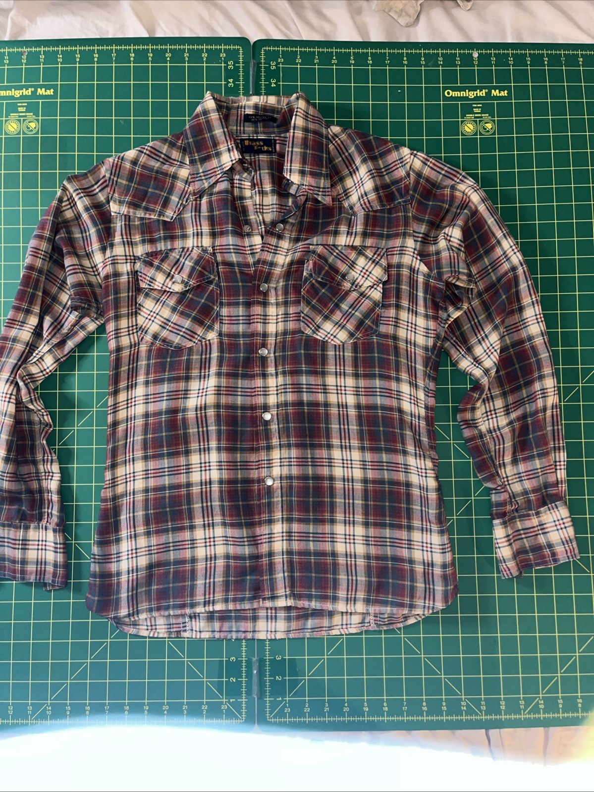 Vintage Western Shirt 16-35 Medium Plaid Pearl Snap USA Made 70s 80s Classic