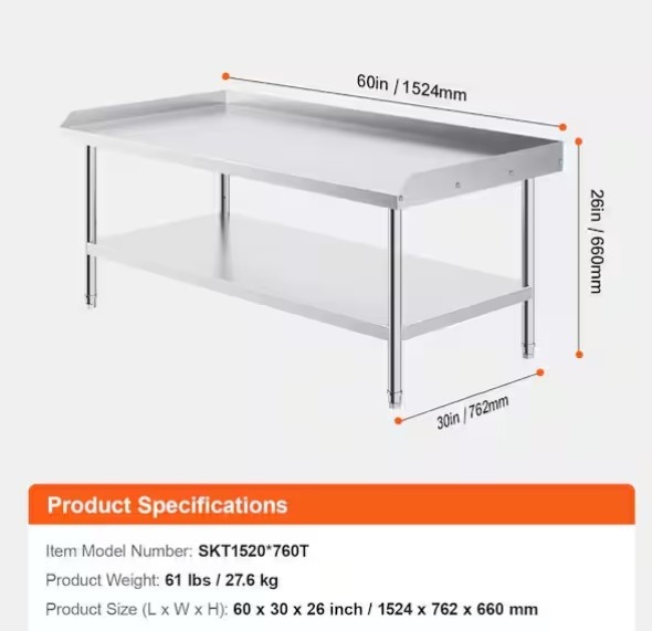 Stainless Steel Work Table, 30 x 60 x 26 in. 3-Sided Backsplash Prep Table