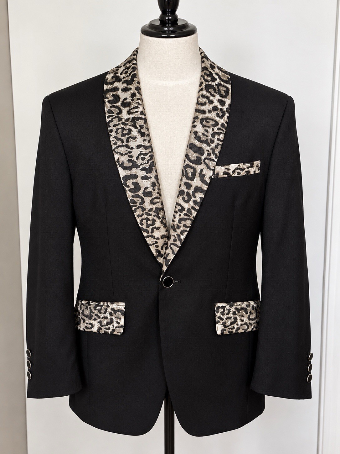 Custom Black Blazer Silver Leopard Trim Rockabilly VLV Stage Jacket 50R 2XL