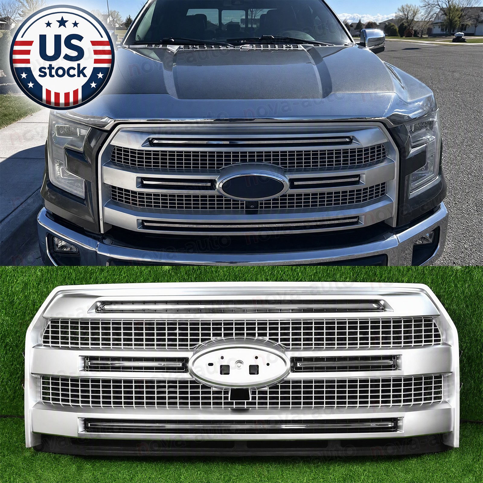 For 2015-2017 Ford F-150 Platinum Brushed Satin Front Bumper Grille FL3Z-8200-UA