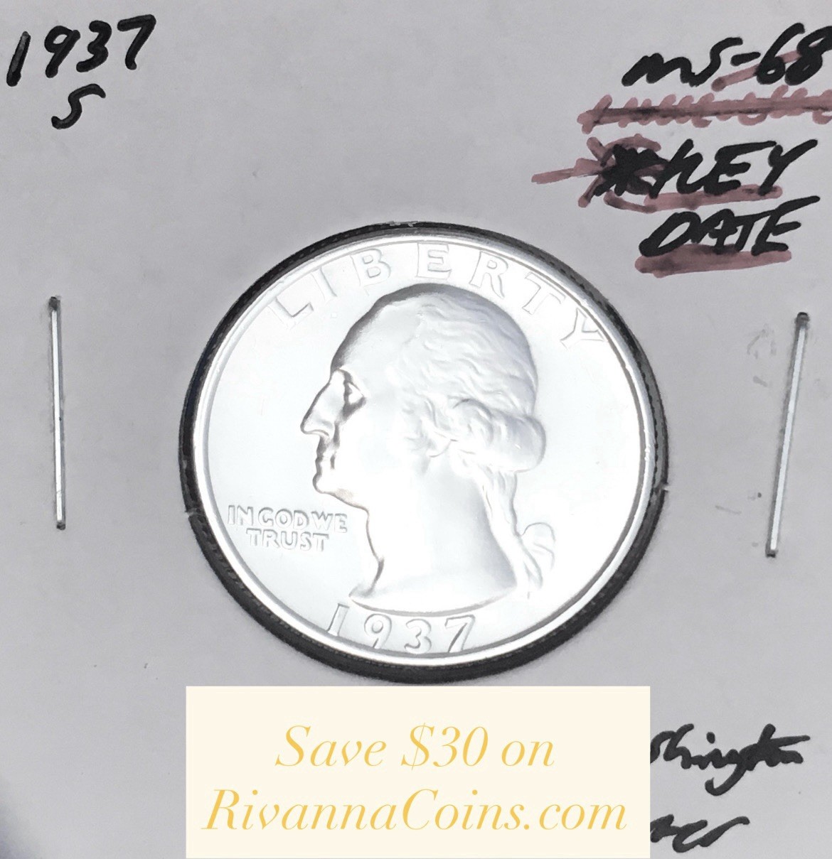 1937-S BRILLIANT UNCIRCULATED KEY DATE  U.S. WASHINGTON QUARTER.