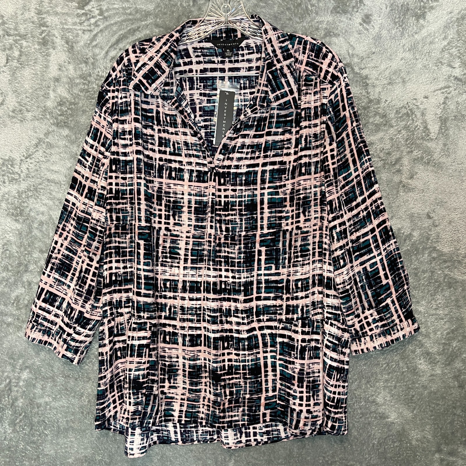 Investments Women Office Classic Plaid Pullover Popover Chiffon Tunic Top XL