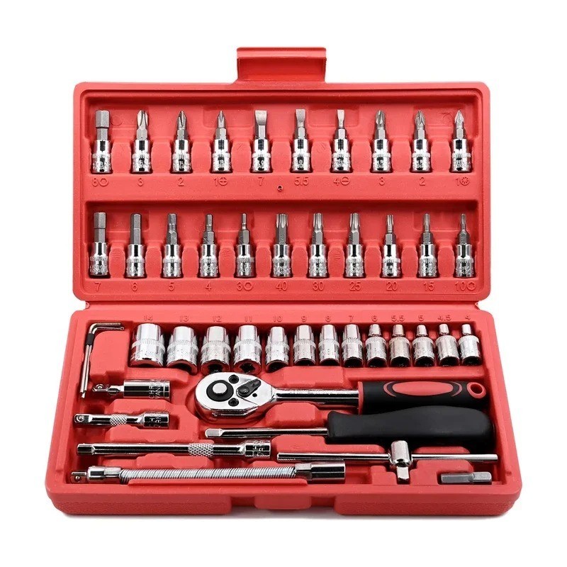 46PC 1/4in Drive Socket Set Ratchet Wrench Metric Hex Bit Mechanic Tool Kit