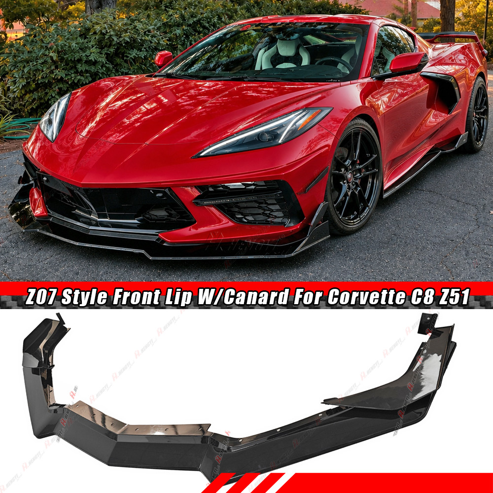 For 20-27 Corvette C8 Z51 Z07 Canard Style Gloss Black Front Bumper Lip Splitter