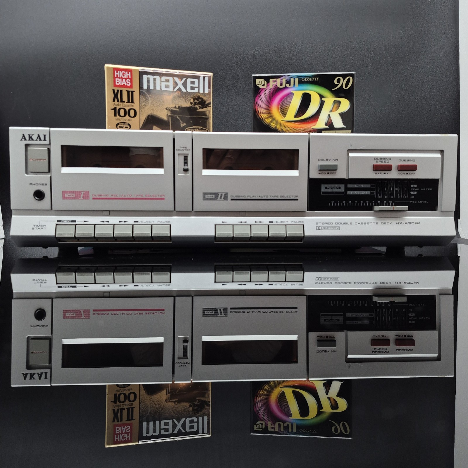 Akai HX-A301W Dual Cassette Deck Stereo Tape Player Silver Tested Working