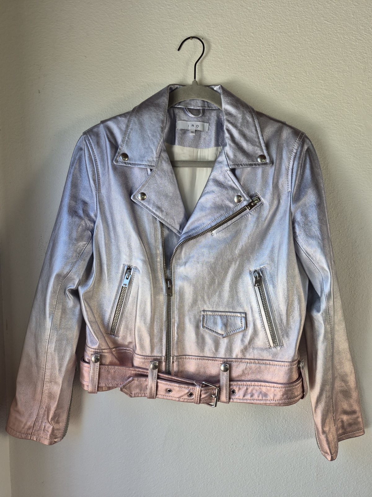 IRO Calum Silver Pink Purple ombre lamb leather Biker Jacket US S/M 40 PERFECT