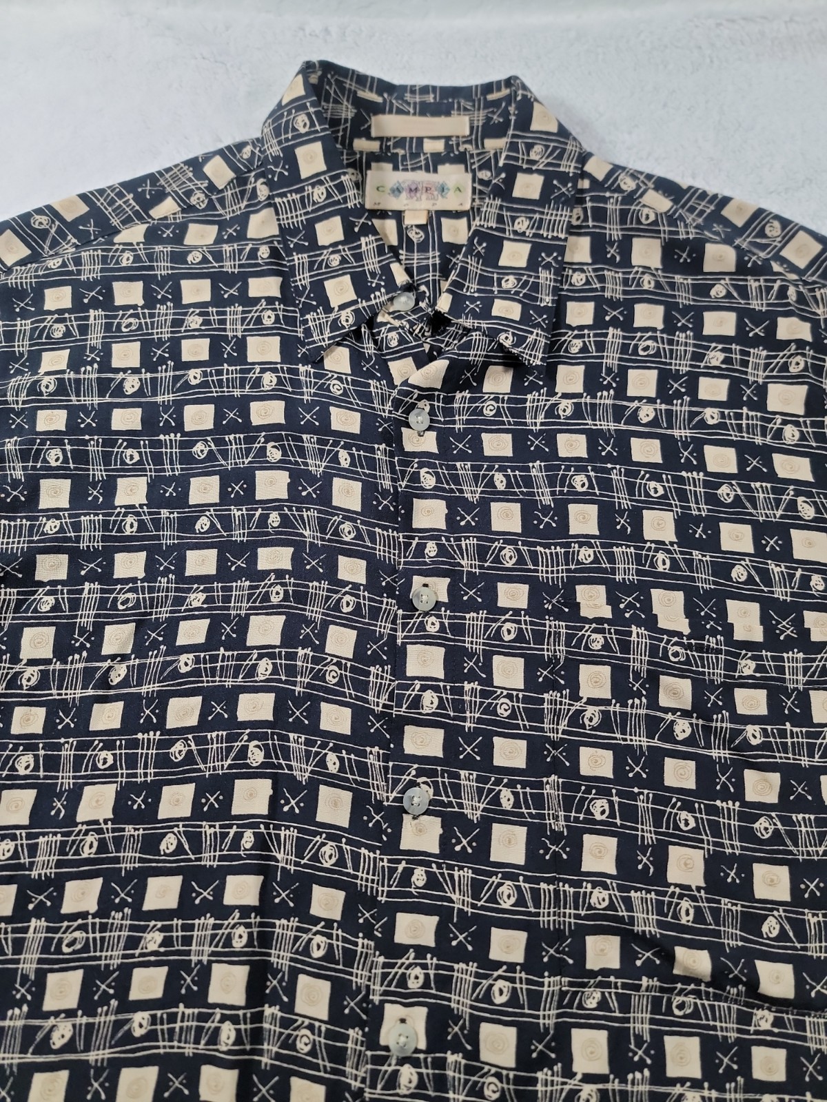 Campia Men\'s L Short Sleeve Button Up Rayon Casual Shirt Geometric Black/Beige