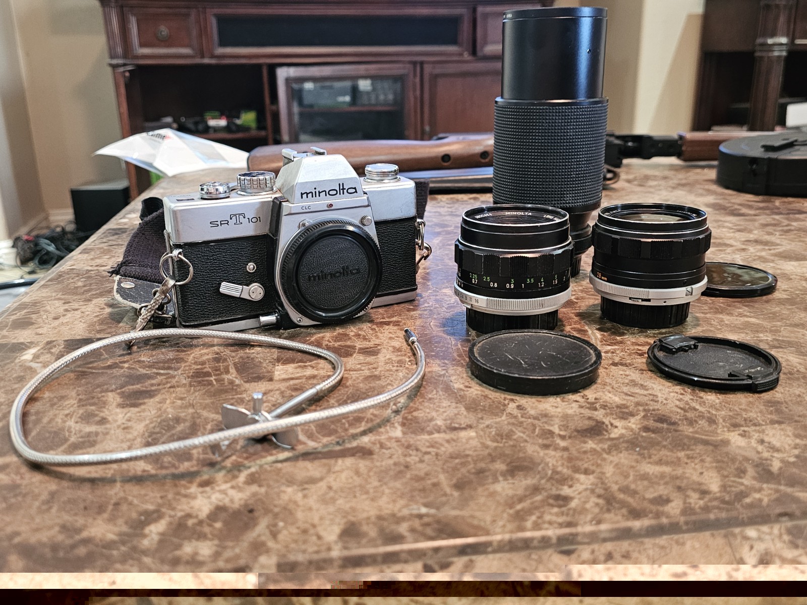 Vintage Minolta Srt101 Camera Body Lot w Lenses Rokkor 1:1.4 F=58mm 1:3.5 F=28mm