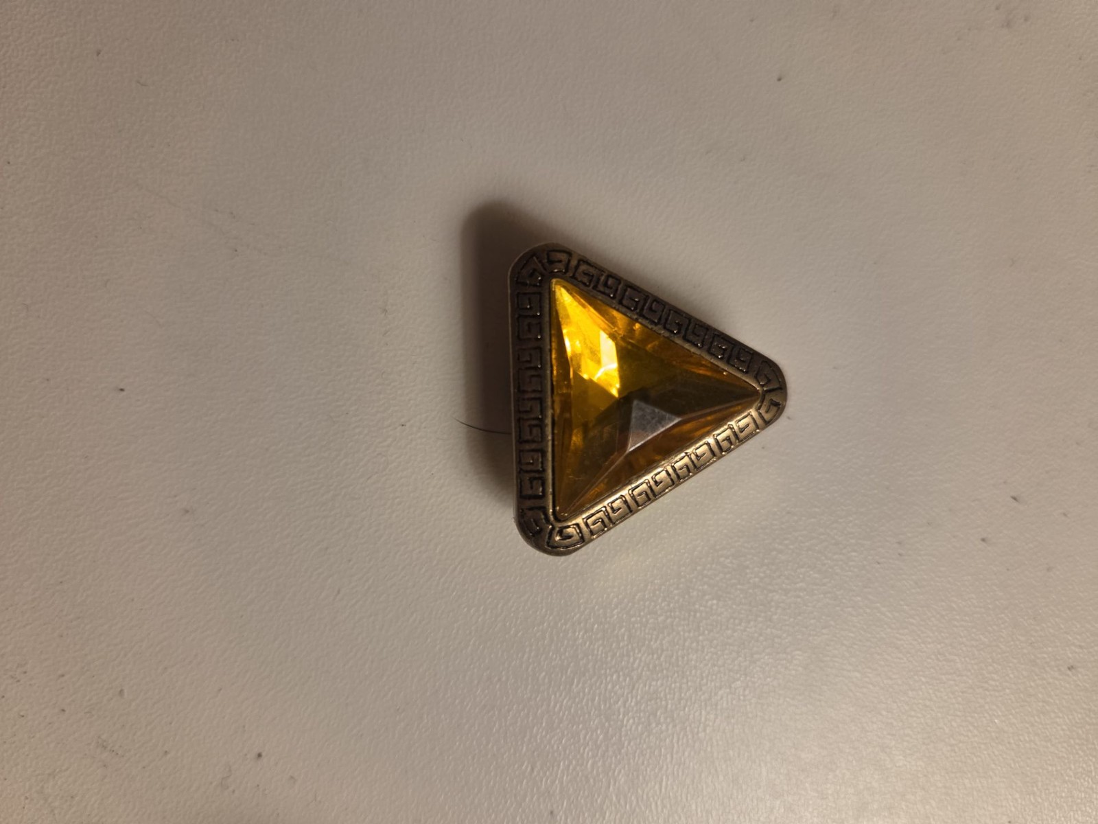 Vintage Triangle Amber Glass Brooch with Greek Key Border