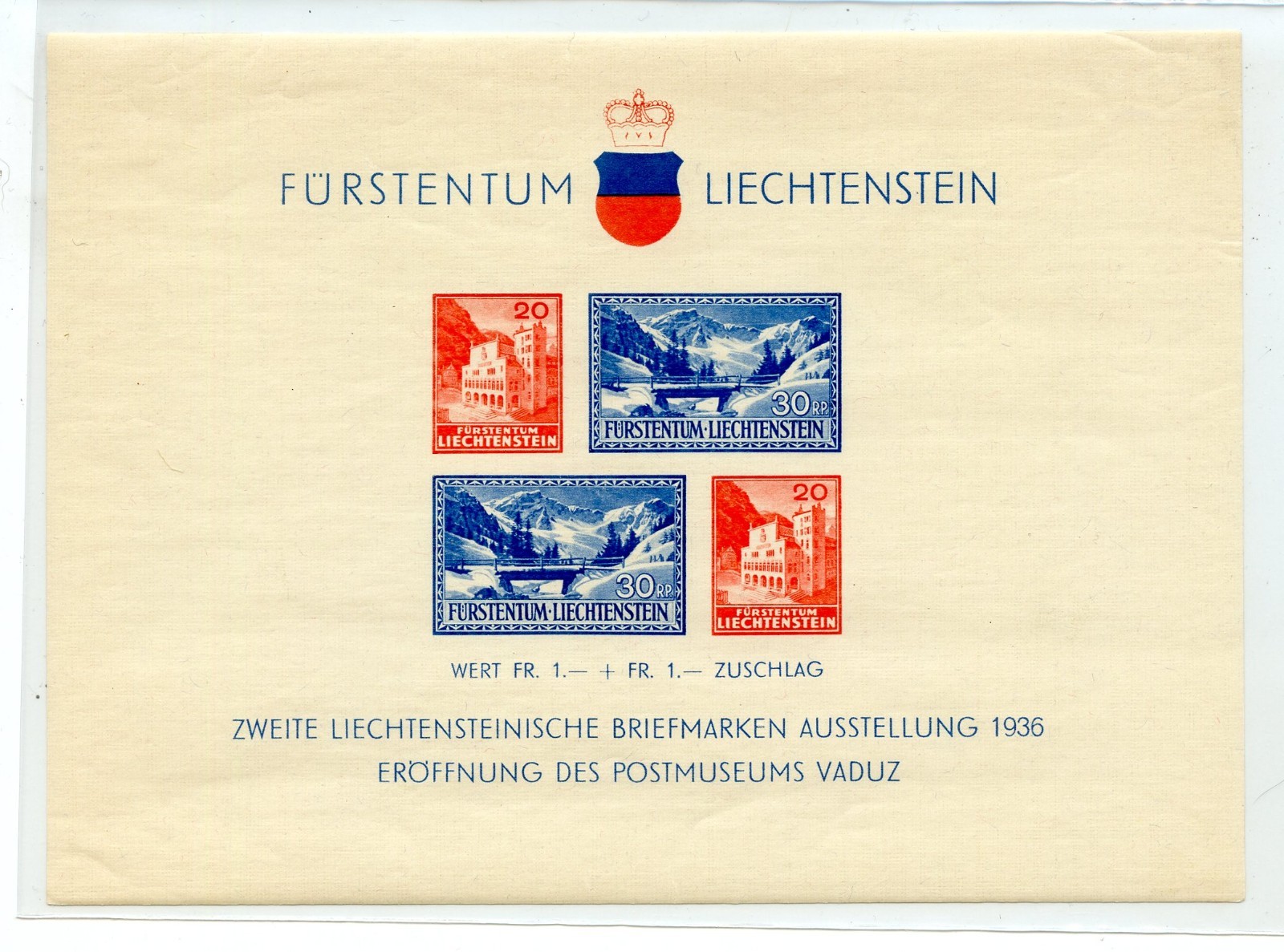 Liechtenstein #B14 (L290) S/S of 4, Postal Museum issue, MNH, VF, CV$60.00