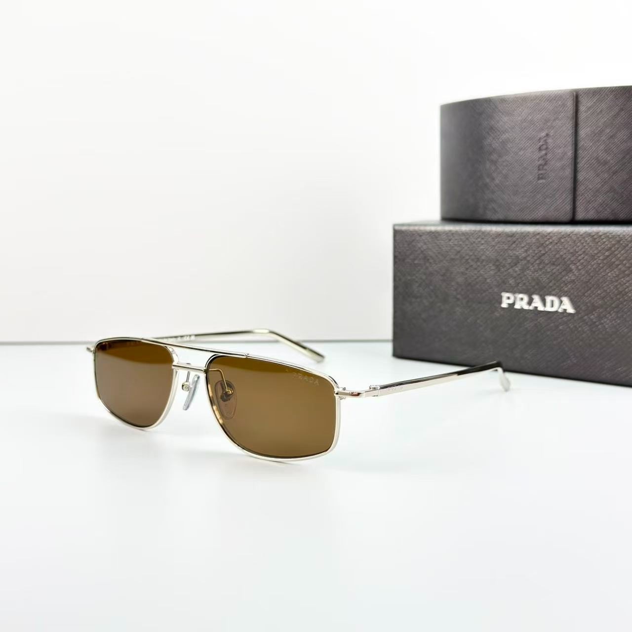 Prada SPR C51S Sunglasses Silver Metal Frame Brown Lens Aviator New w/ Box
