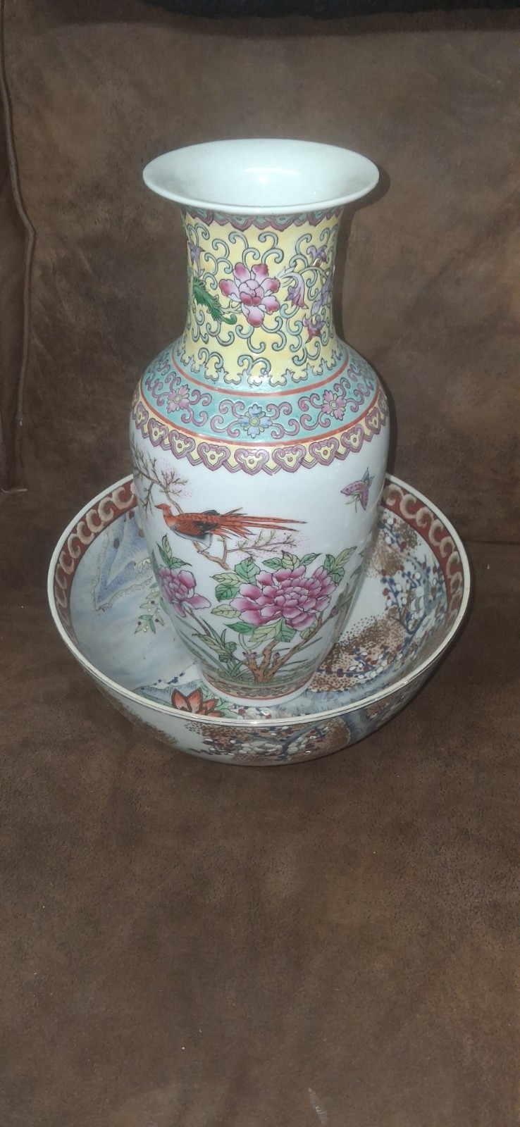 Vintage Rare Set Satsuma Vase, & Bowl Beautifully Painted Birds Flowers