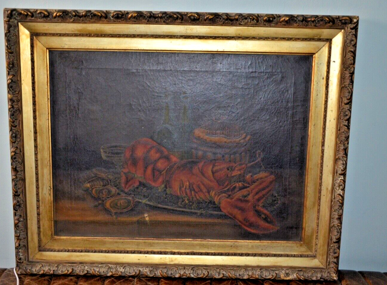 Antique Seafood Still Life oil painting ~ Victorian- Lobster Shellfish Wine 31\