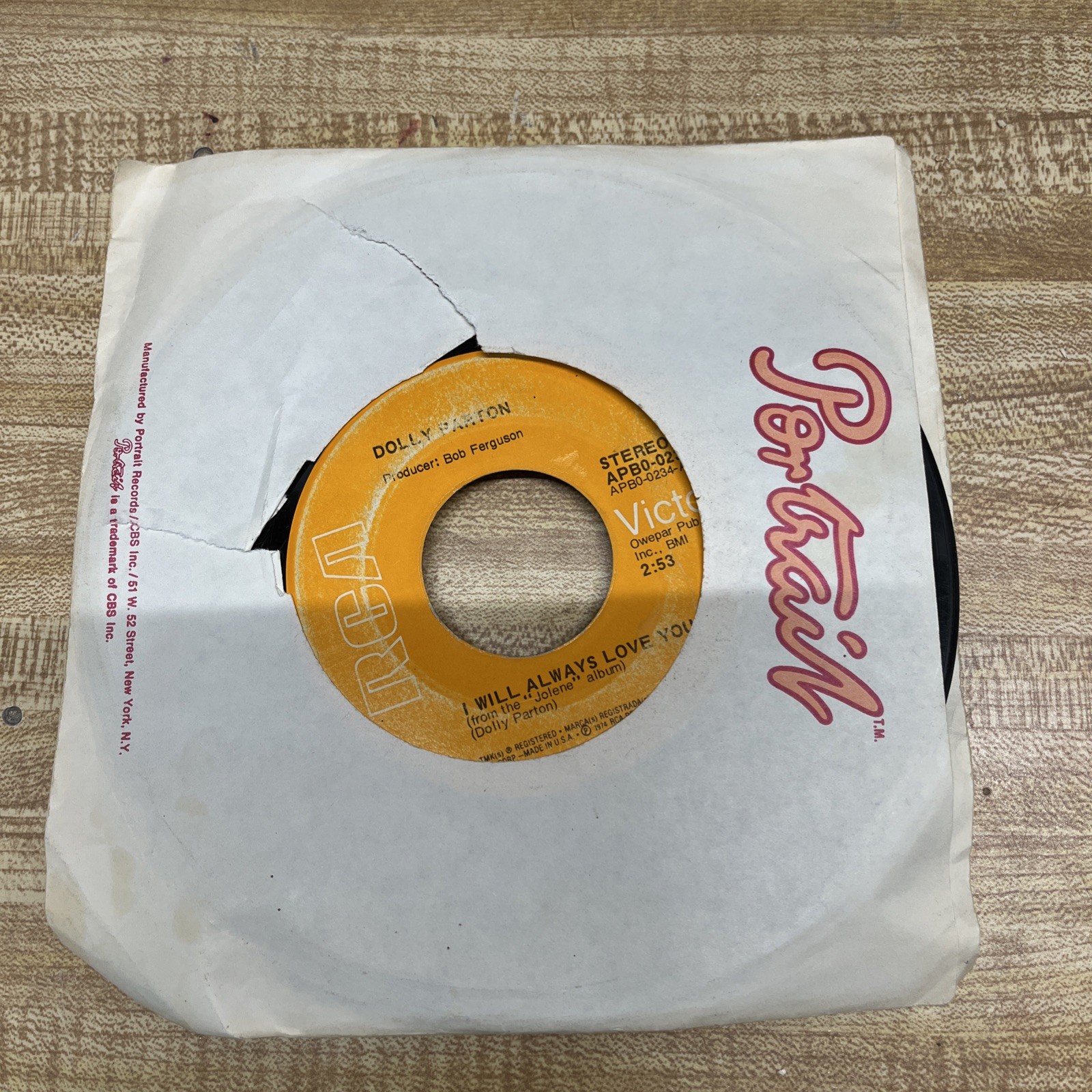 Dolly Parton “I Will Always Love You” 45rpm by RCA 1970’s Dolly Parton “I Will Always Love You” 45rpm by RCA 1970’s