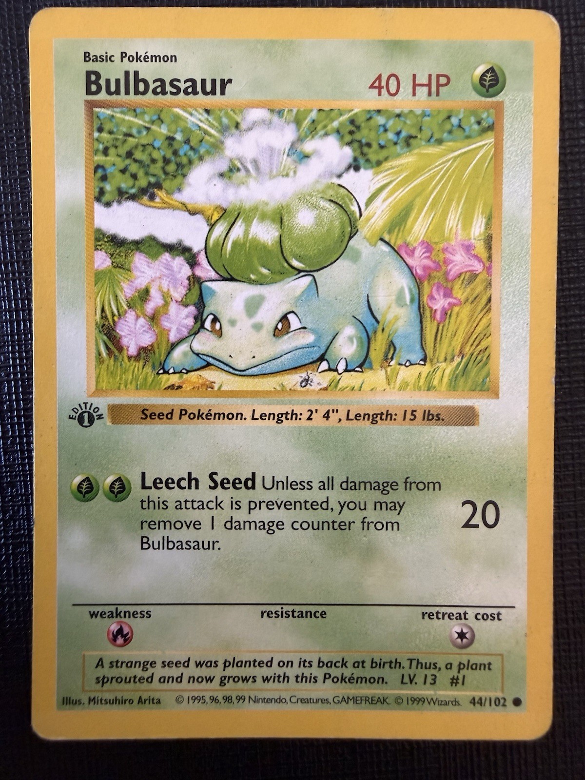 Vintage Bulbasaur 44/102 Base Set (Shadowless) Pokémon First Edition English