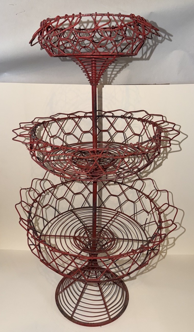 Antique French Red Chippy Triple Tier Handmade Twisted Wire Kitchen Basket 29” T Antique French Red Chippy Triple Tier Handmade Twisted Wire Kitchen Basket 29” T