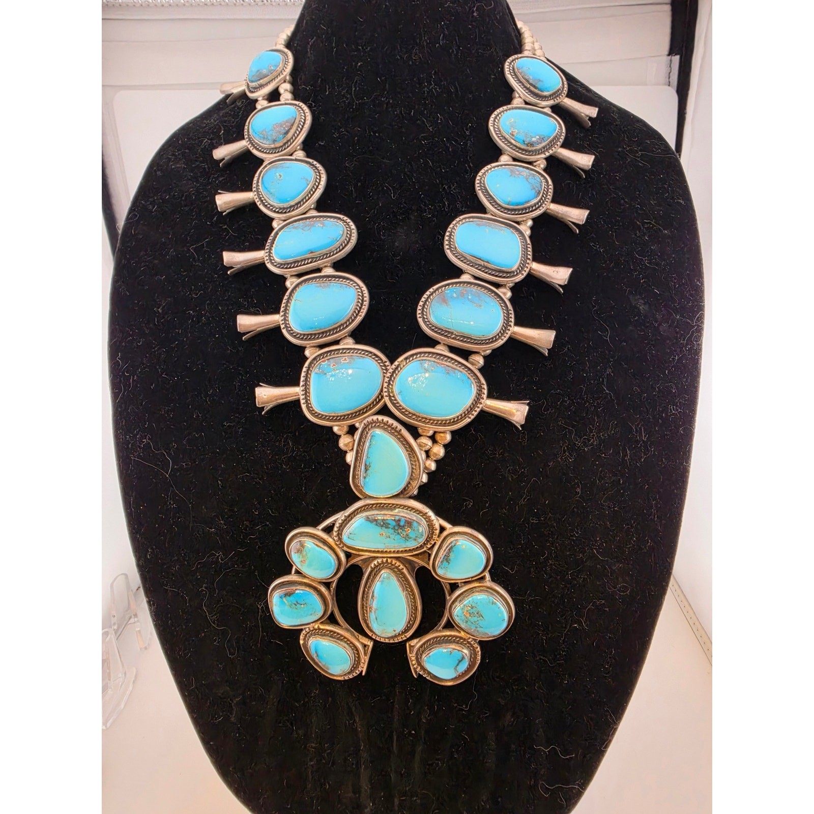 Vtg Navajo Sterling Turquoise Squash Blossom Necklace 348g Huge 4.25\