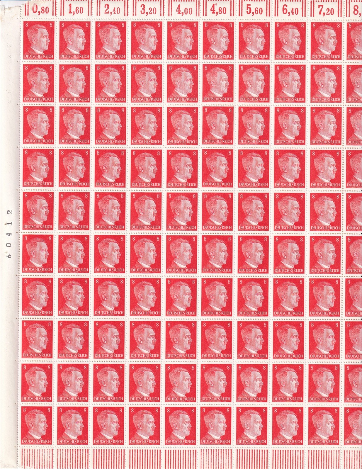 Lot Stamp Germany 8 PF Sheet 1941 WWII Fascism Hitler MNH Faults