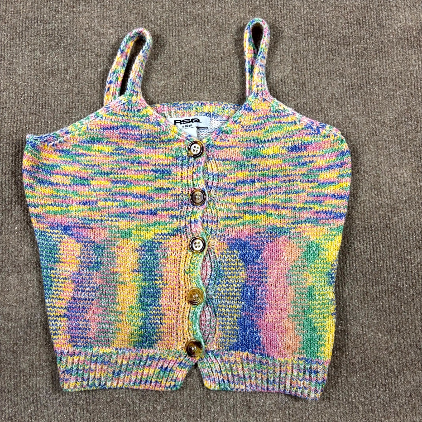 RSQ Crop Tank Top Womens Medium Multicolor Knit Wide Strap V Neck Button Front