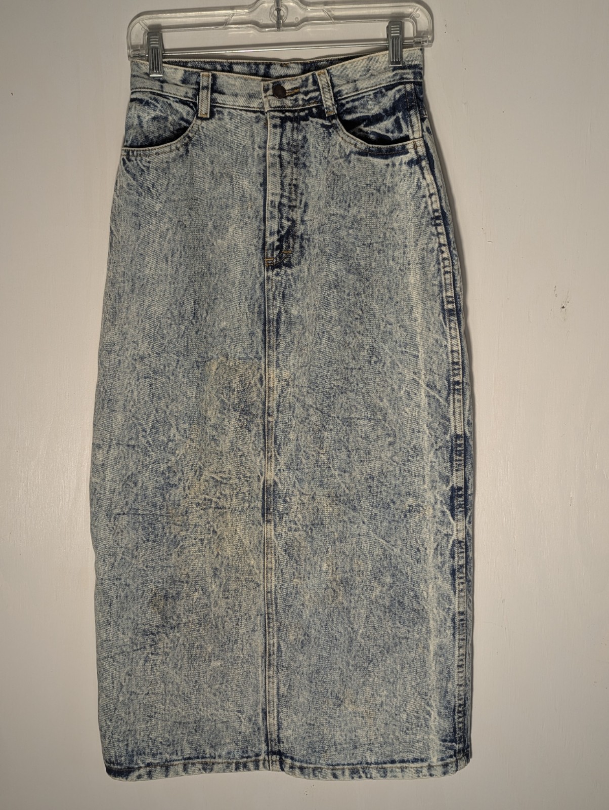 Vtg 80s The Clothing Academy Acid Wash Denim Midi Skirt Sz 9 High Waist USA Made