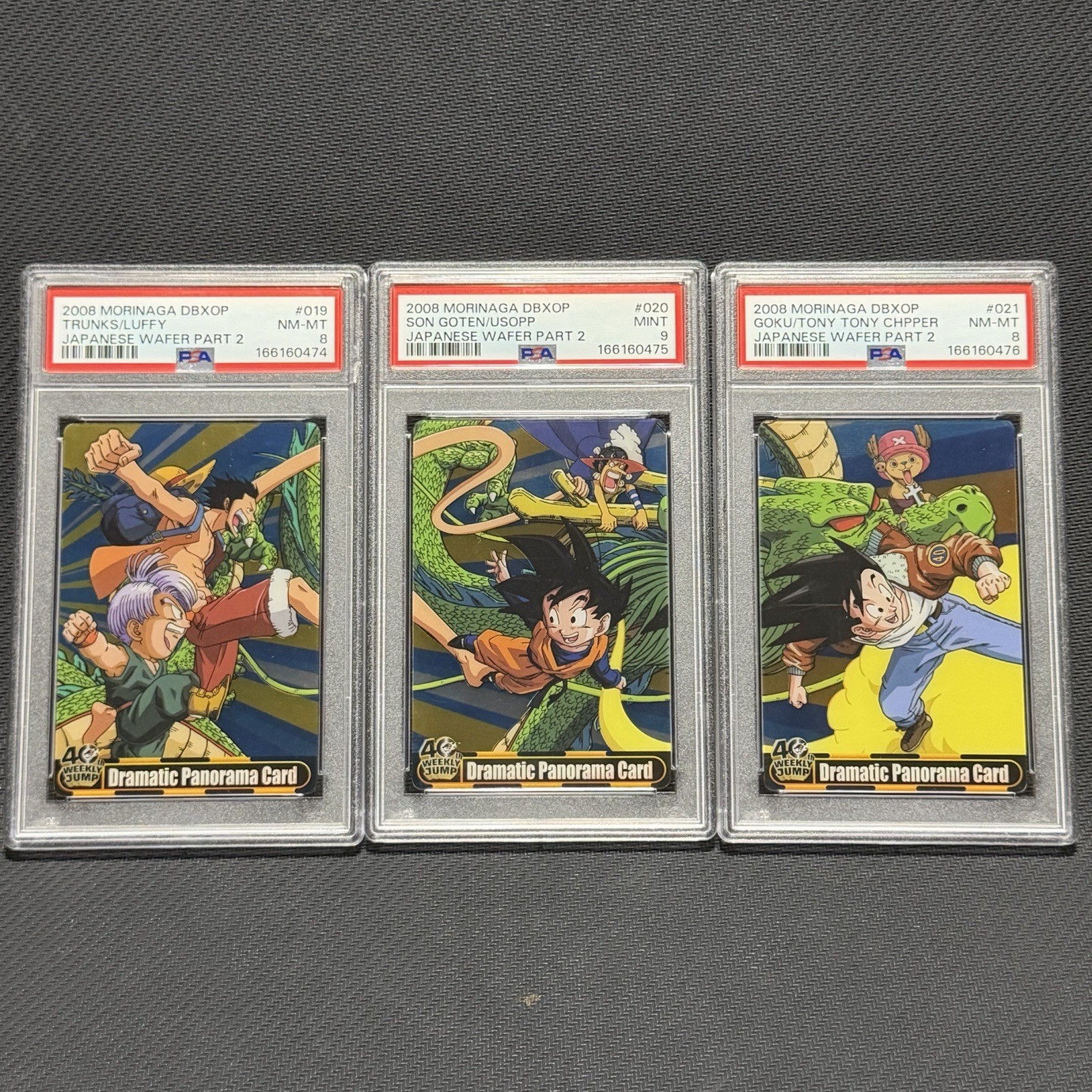 PSA Sequential 3 Card Set Dragon Ball x One Piece Morinaga 40th Luffy Goku