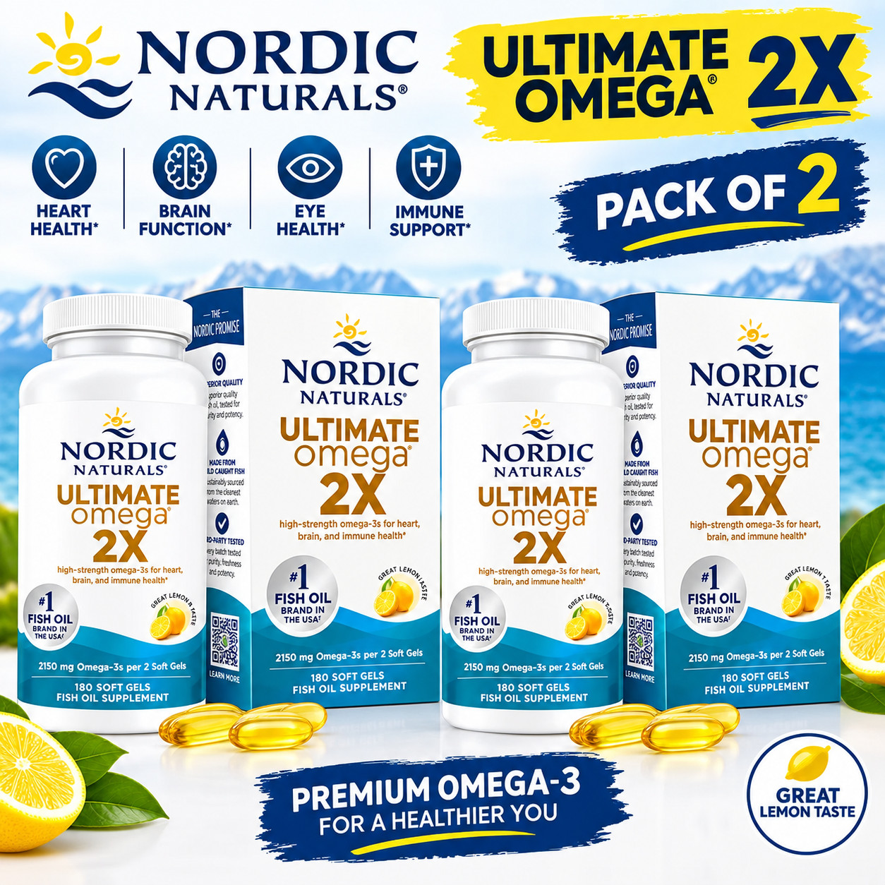 2 Pack Nordic Naturals Ultimate Omega 2x Fish Oil 2150 mg 180 SoftGels EPA & DHA