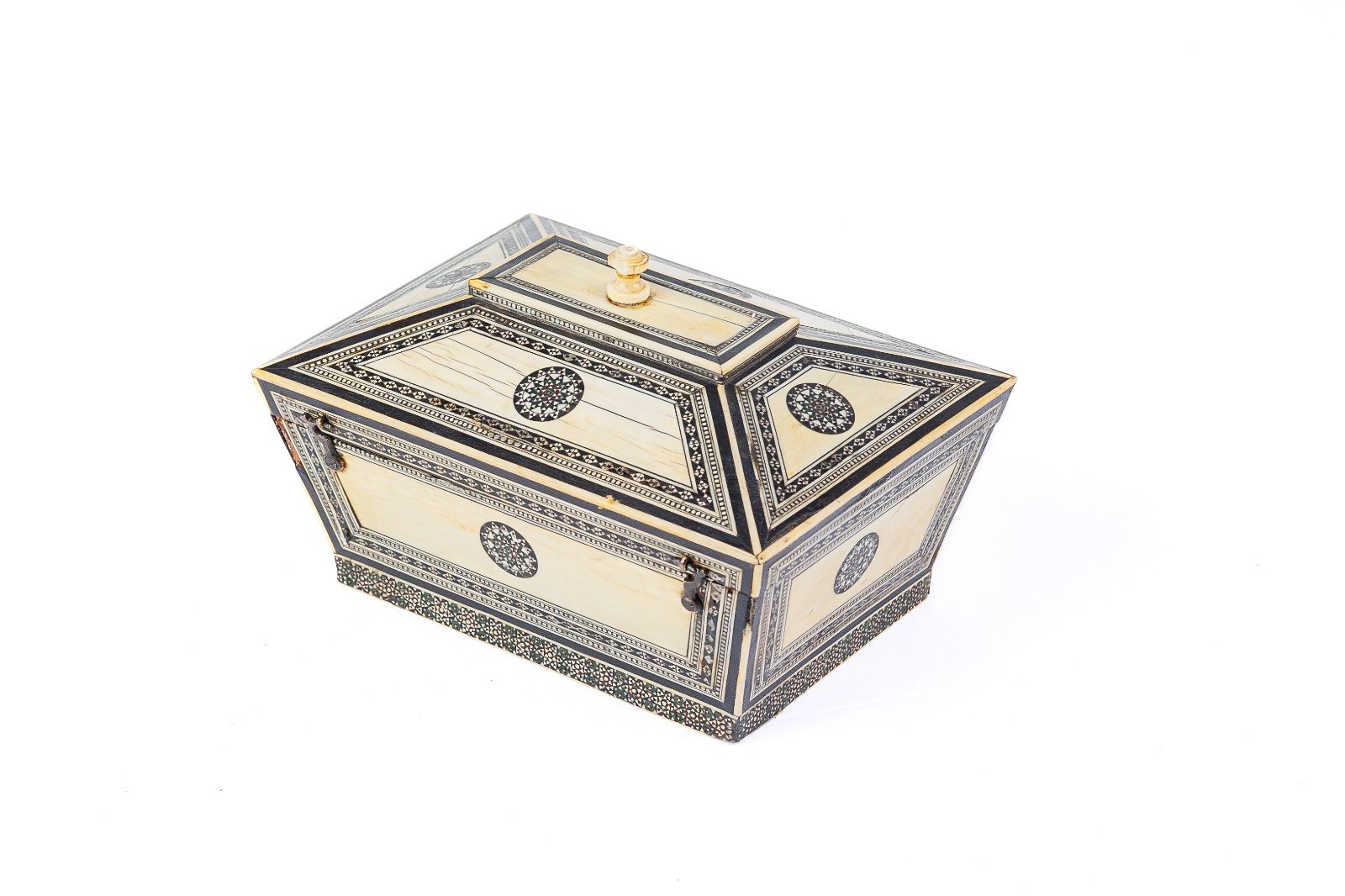 Antique Anglo-Indian Sadeli Mosaic Bone Box, Sarcophagus Form, 19th C.
