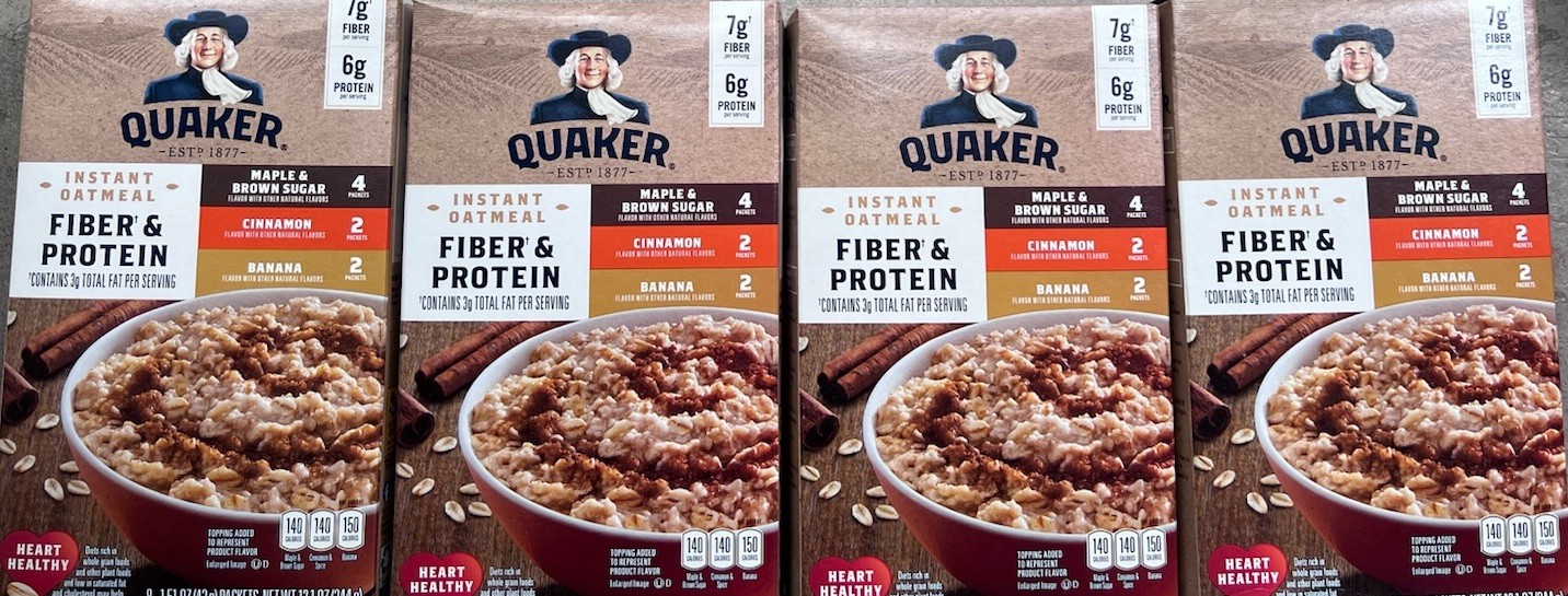 4 Pack Quaker Instant Oatmeal, Fiber & Protein 3 Flavor Variety
