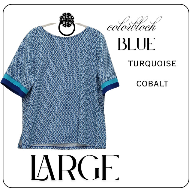 Chico\'s boat neck blouse WOMENS LARGE blue geometric zip back closure top Chico\'s boat neck blouse WOMENS LARGE blue geometric zip back closure top