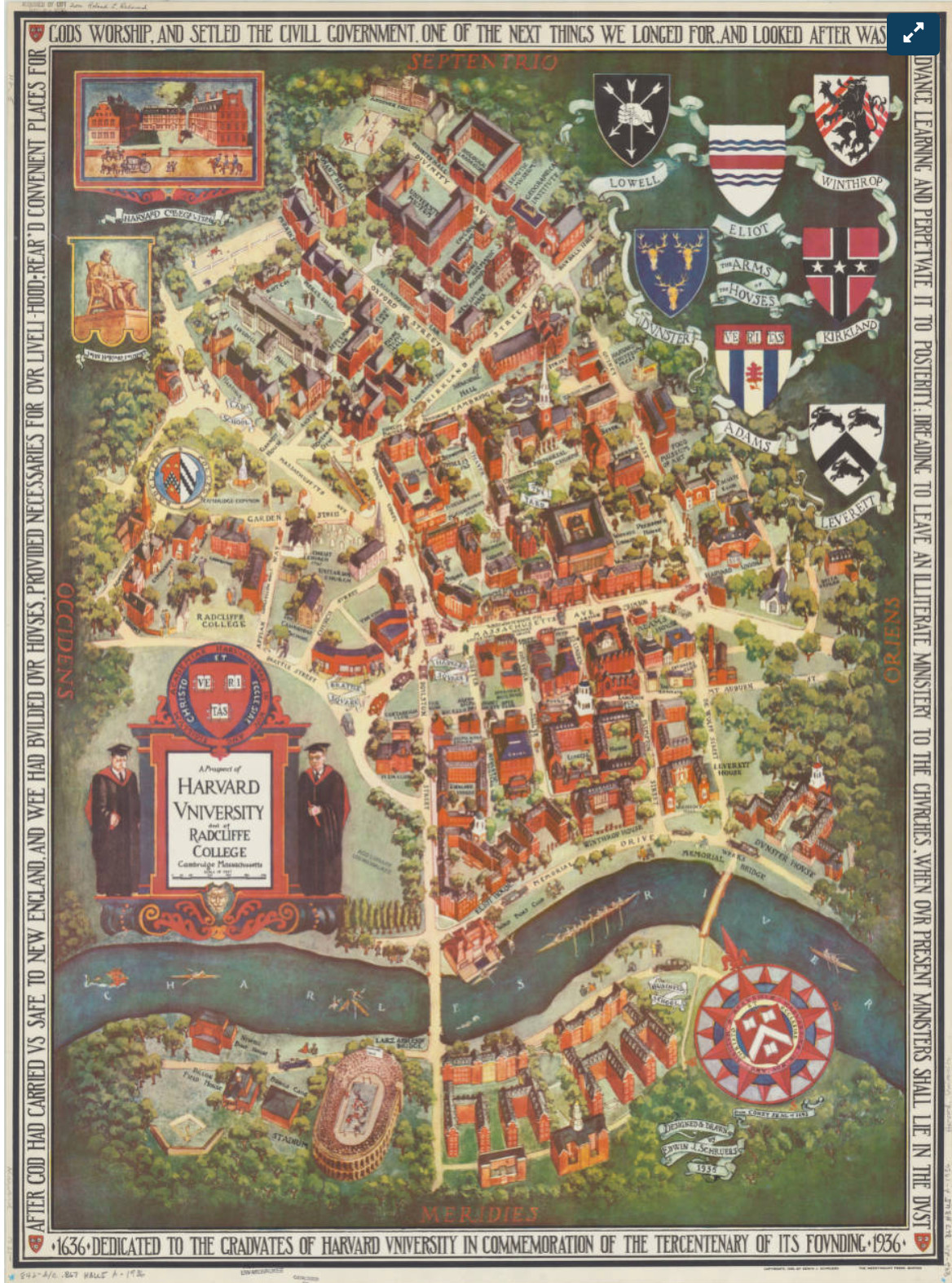 Harvard Campus Pictorial Map Print - Radcliffe Cambridge Mass Vintage Wall Art