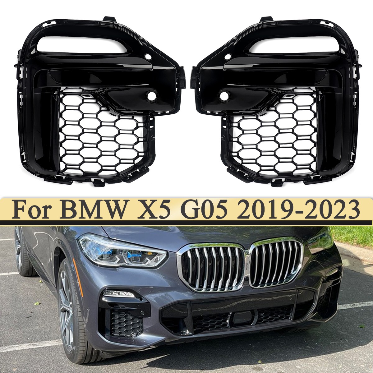 For 2019-2023 BMW X5 G05 Gloss Black Front Bumper LH+RH Fog Light Grille Cover For 2019-2023 BMW X5 G05 Gloss Black Front Bumper LH+RH Fog Light Grille Cover