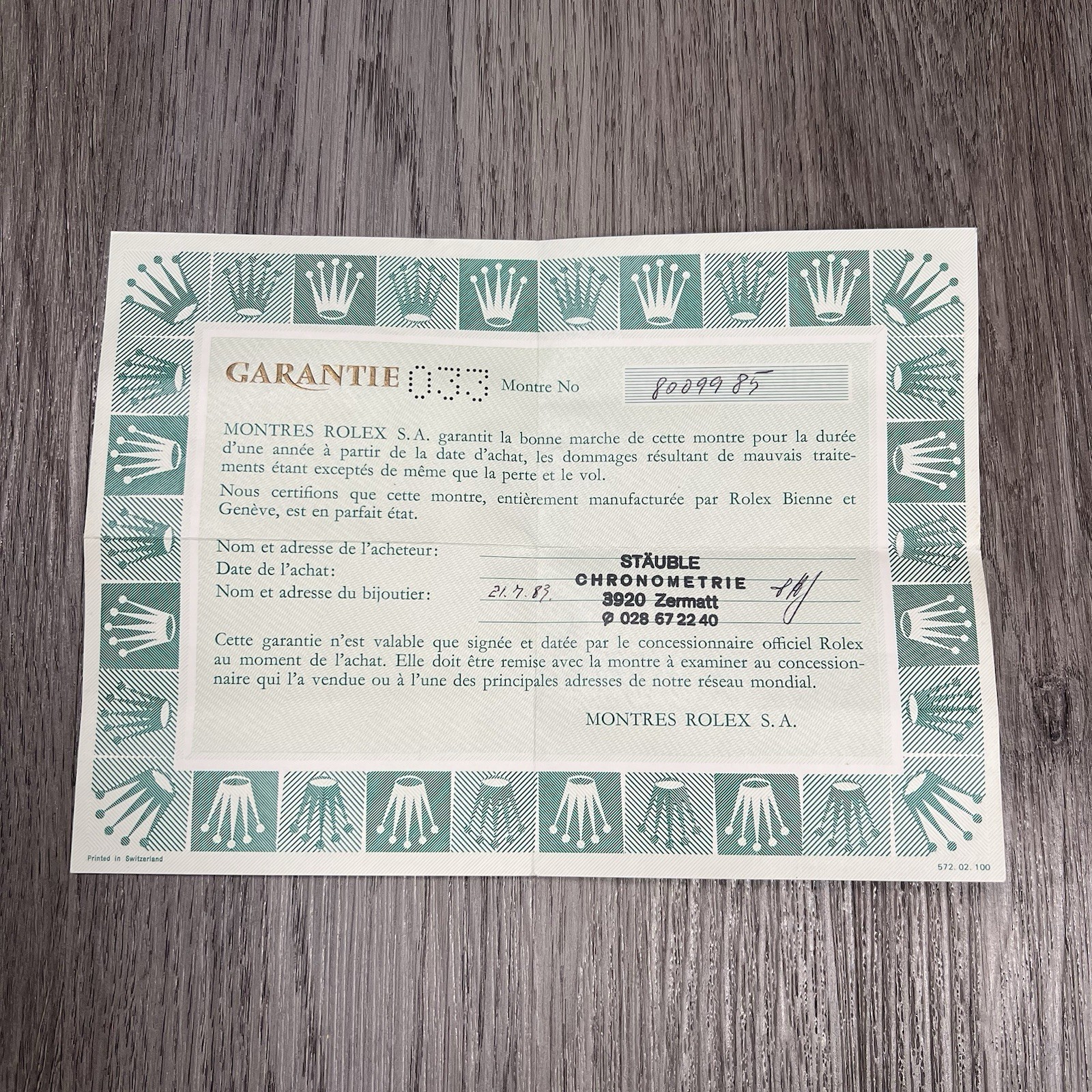 Vintage Authentic 1980s Rolex Warranty Certificate Guarantee Serial Switzerland