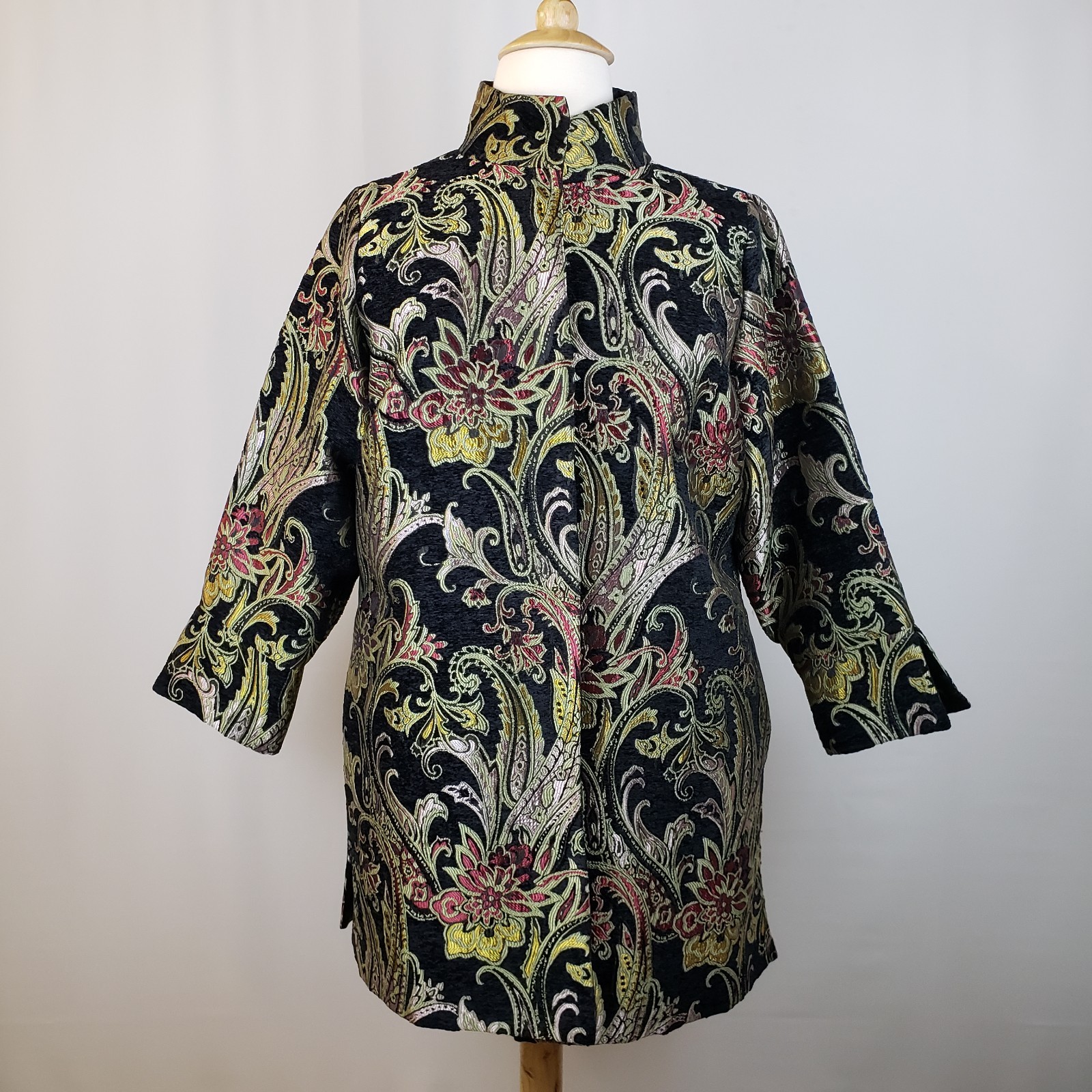 Heidi Daus Coat Evening Jacket 1X Black Metallic Brocade Open Front Art 2 Wear Heidi Daus Coat Evening Jacket 1X Black Metallic Brocade Open Front Art 2 Wear