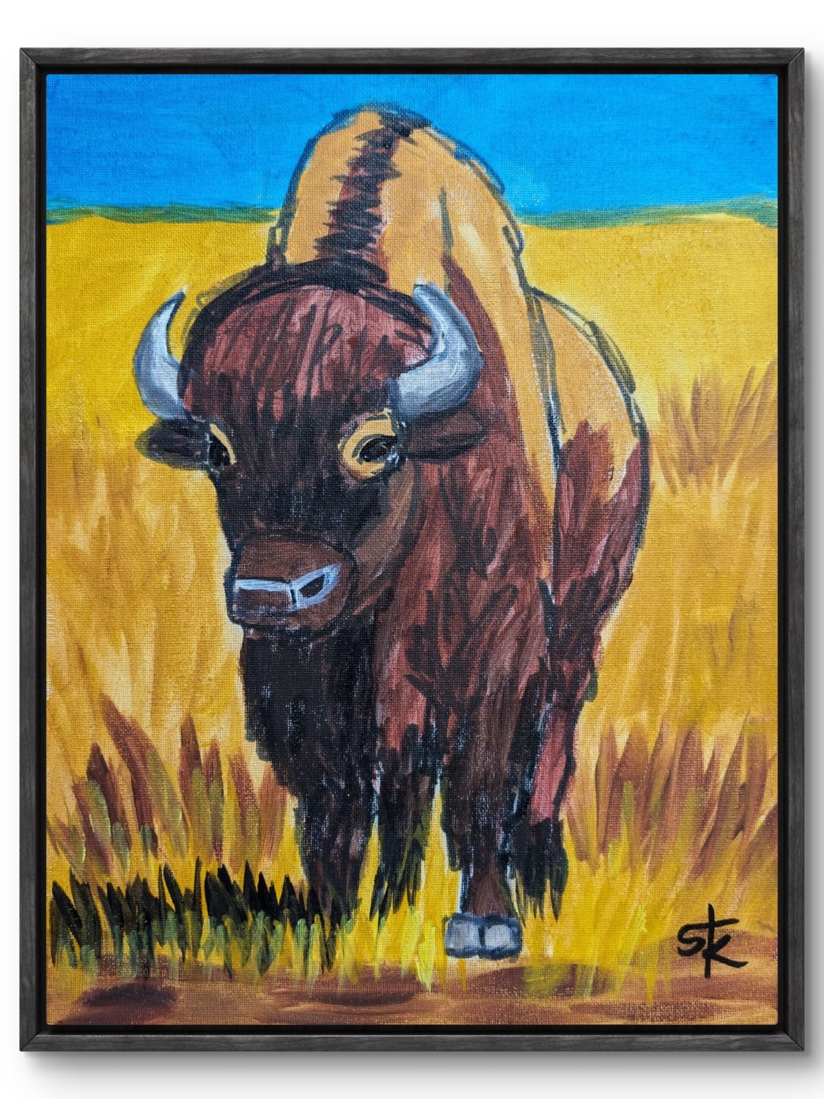 STK Original 14x11 Expressionist Bison Prairie Landscape Painting Signed Canvas
