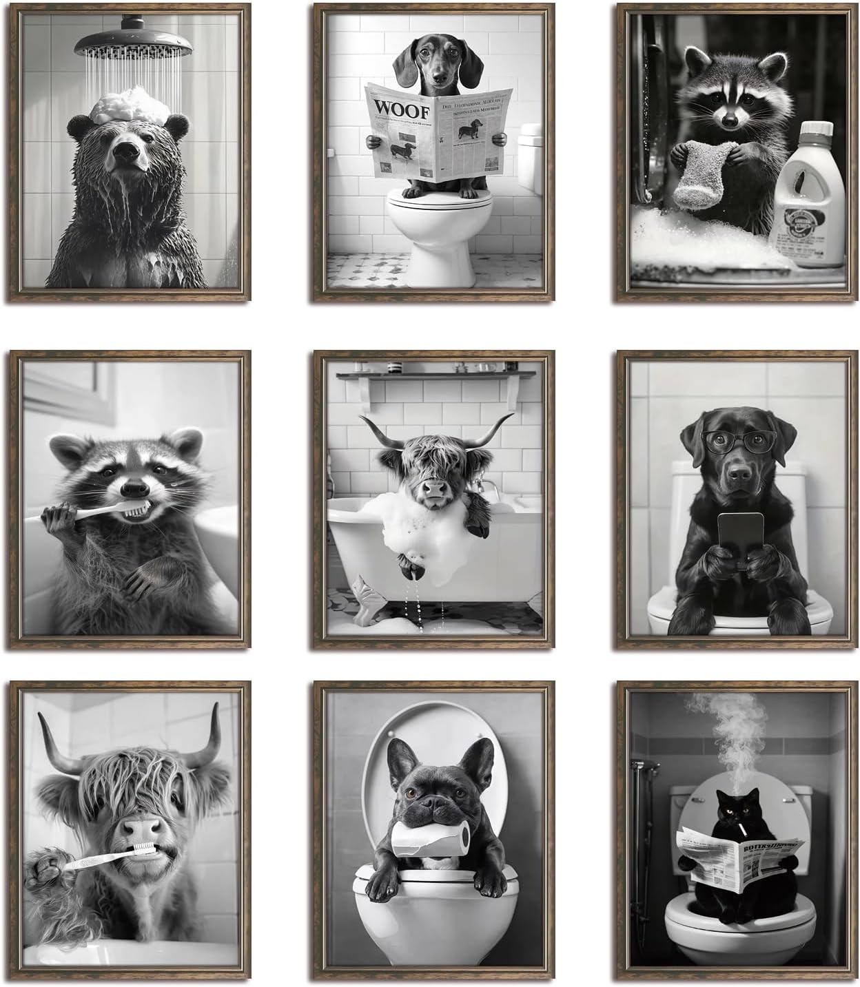 Funny Bathroom Wall Art Set of 9 - Black and White Humorous Animal Wall Decor... Funny Bathroom Wall Art Set of 9 - Black and White Humorous Animal Wall Decor...