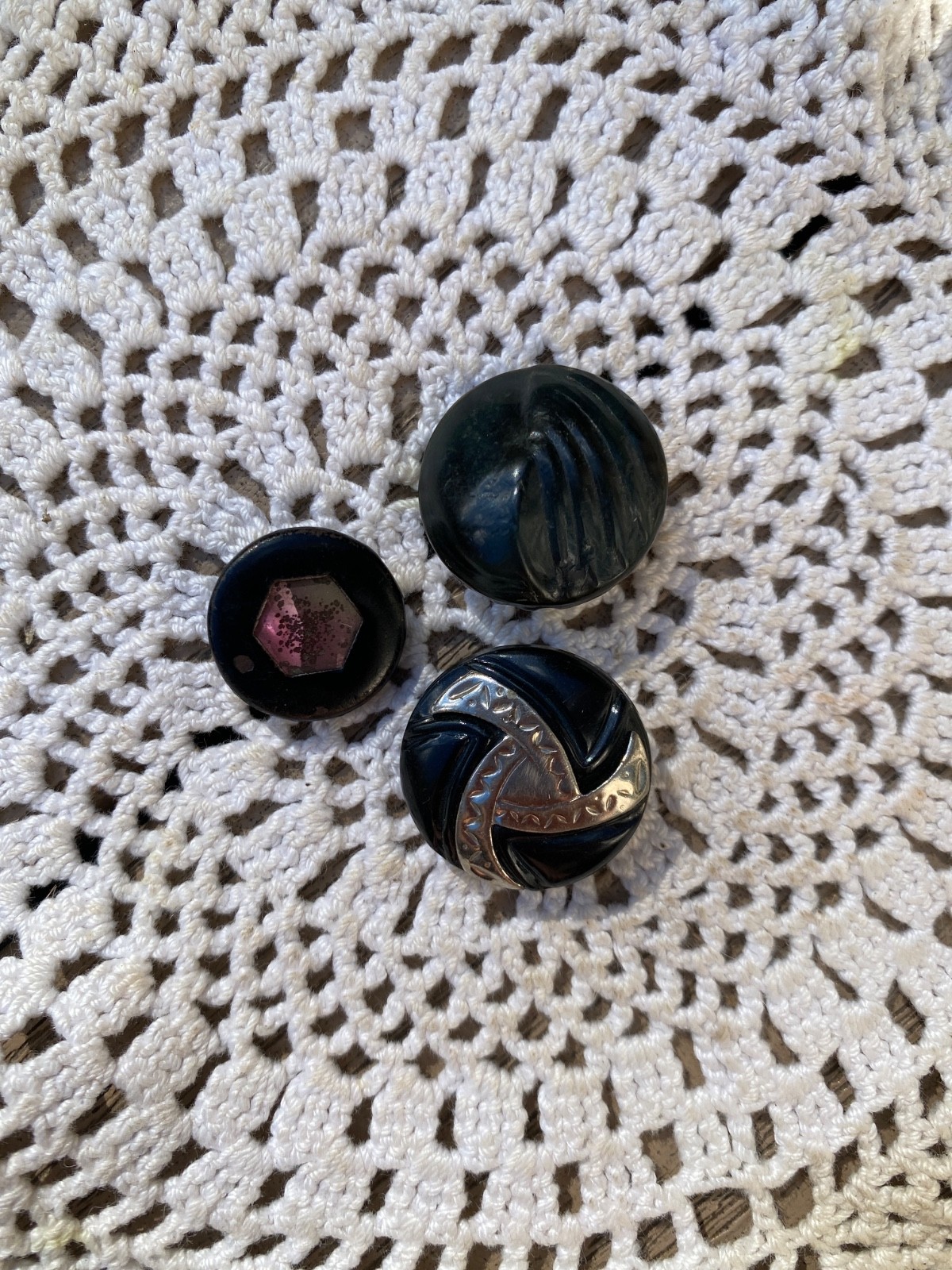 Antique Victorian Black Glass Buttons Lot of 3 Silver Luster Amethyst Foil Shank